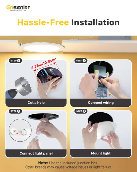 Installation steps for 16 Pack 4 Inch LED Recessed Canless Wafer Downlights Dimmable 5000K Daylight 750 Lumens 9W 120V IC Rated