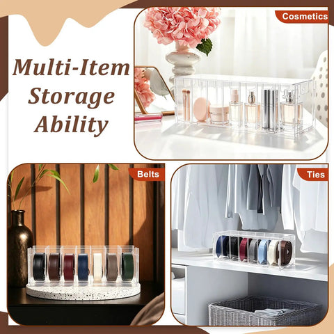 Top Shelf Slick Acrylic Belt Organizer With Removable Dust Cover Seven Compartment Clear Drawer Storage For Ties Belts Bow Tie Purse Socks Straight Up Closet Solution with cosmetics, belts, and ties.