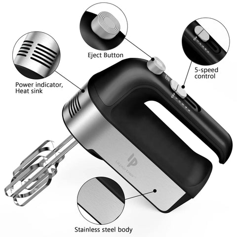 No Sweat Electric Hand Mixer With Gutsy 450W Motor And Handy Scale Cup Storage Case featuring stainless steel body and 5-speed control.
