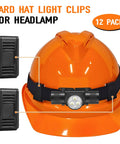 12 Pack Hard Hat Light Clips For Headlamps And Headlamp Holders on orange full brim hard hat with headlamp, black clips shown