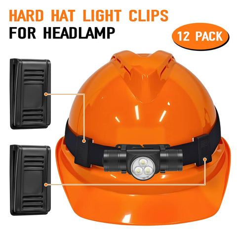 12 Pack Hard Hat Light Clips For Headlamps And Headlamp Holders on orange full brim hard hat with headlamp, black clips shown