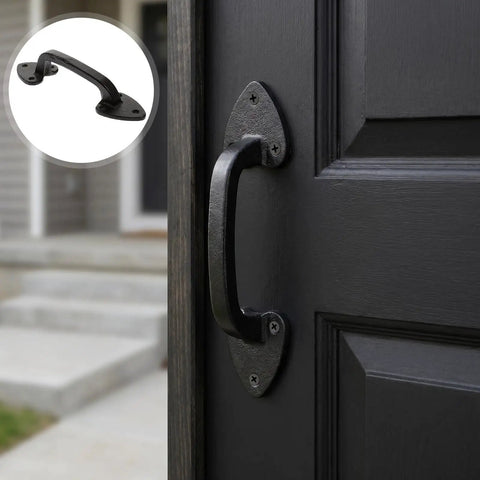 Heavy Duty Cast Iron Barn Door Handles Set Of 3 In Black With Aged Iron Finish installed on an outdoor barn door