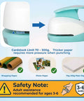 Close-up of three size circle hole punch set for scrapbooking showing lever design and safety note for adult assistance ages 3-6.