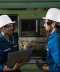Two workers wearing 10 Pack Suspension Hard Hats With Ratchet Cap Style And Self Adjusting Crown Straps, Adjustable 550 To 650 Millimeter Fit, Unisex White Construction Safety Helmets For Men And Women, Built For The Job Site.