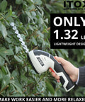Close-up of Cordless 2 In 1 Grass Shear And Hedge Trimmer in use, lightweight design, cutting hedge, white
