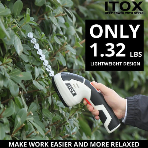 Close-up of Cordless 2 In 1 Grass Shear And Hedge Trimmer in use, lightweight design, cutting hedge, white