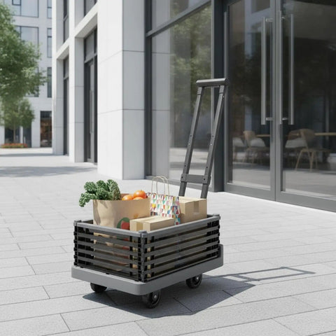 Foldable Grocery Trolley With Basket Hand Push Cart With Long Handle And Detachable Panel, Quiet Swivel Wheels, Lightweight Black Utility Wagon For Shopping And Your Everyday Hauls On The Go. Black slatted foldable trolley with long handle, loaded with groceries outdoors