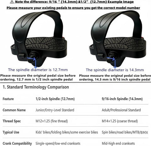 Comparison of Beefed Up Anti Slip Exercise Bike Pedals with different spindle sizes, design, and adjustable straps.