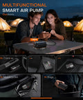 Couple outdoors using Portable Tire Inflator With App Control Three Times Faster Pump 160 PSI 48 LPM Electric Tire Pump, tents in background