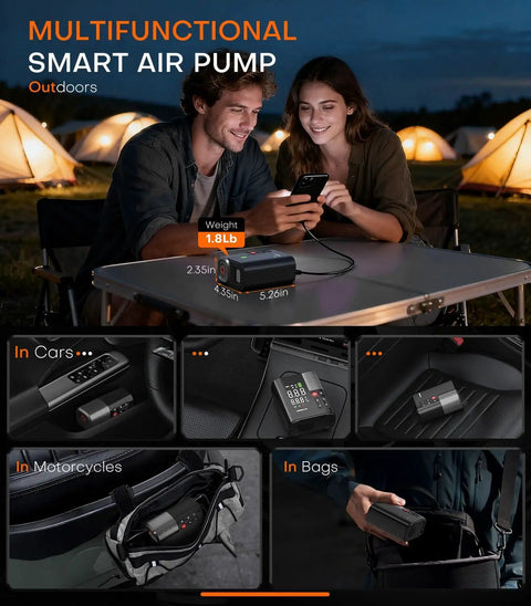 Couple outdoors using Portable Tire Inflator With App Control Three Times Faster Pump 160 PSI 48 LPM Electric Tire Pump, tents in background