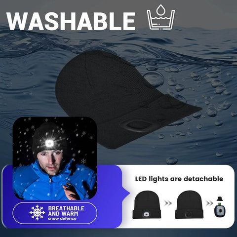 Rechargeable LED Beanie With Built In Light, USB Powered Winter Knit Hat, Unisex Fit displayed in water with detachable LED