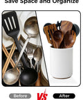 Before and after of cluttered vs organized kitchen utensils in a ceramic utensil holder with cork bottom for countertop use.