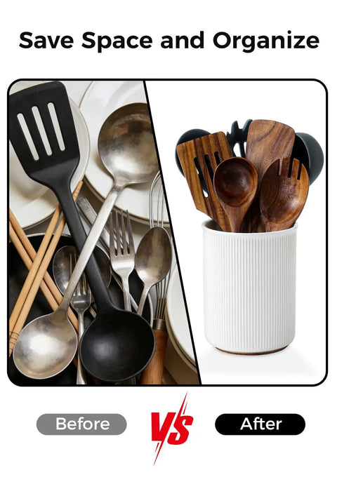 Before and after of cluttered vs organized kitchen utensils in a ceramic utensil holder with cork bottom for countertop use.
