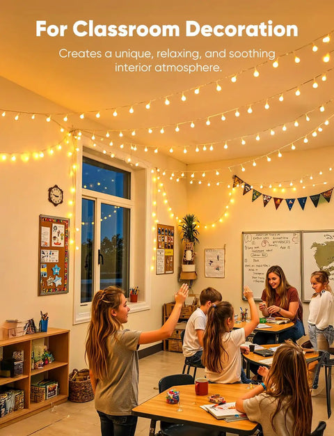 Globe String Lights 33 Feet With 100 LED Bulbs Warm White Fairy Lights in classroom, cozy decorative ambient lighting for study area.