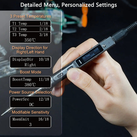 Hand holding programmable PD DC soldering iron with OLED display showing detailed menu settings