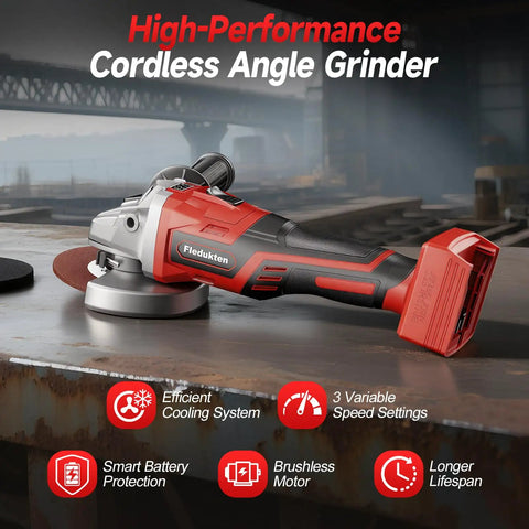 Cordless Angle Grinder For 18V Batteries, Four And A Half To Five Inch, Brushless Motor Up To 9000 RPM, tool on metal surface