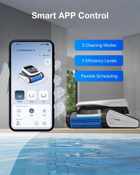 Ultramarine P1 Pool Cleaner Robot with 4800GPH UltraPure Suction next to smartphone displaying app control features