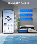 Ultramarine P1 Pool Cleaner Robot Kit With 4800GPH UltraPure Suction next to smartphone displaying app control interface.