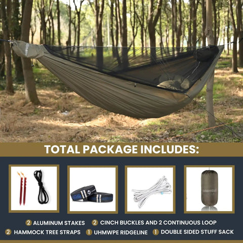 11Ft Ultralight Camping Hammock With Mosquito Net And Ridgeline setup in forest with included accessories displayed below