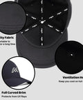Close-up of black golf hat from Right Handed K5s Hybrid Set For Seniors In Standard Length With Midsize Grips, featuring quality fabric, ventilation holes, and full curved brim.