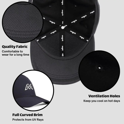 Close-up of black golf hat from Right Handed K5s Hybrid Set For Seniors In Standard Length With Midsize Grips, featuring quality fabric, ventilation holes, and full curved brim.