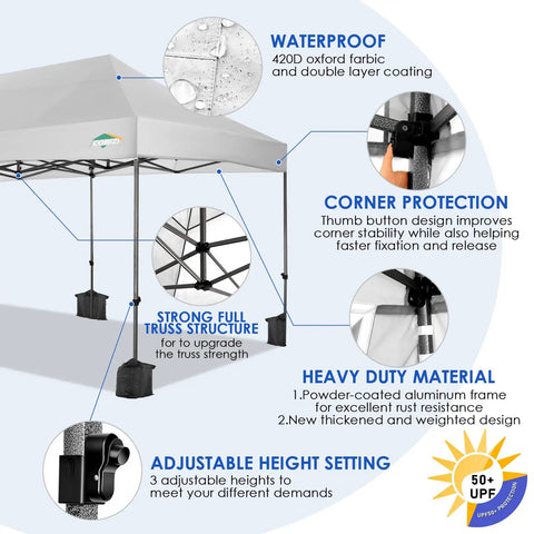 Features of Heavy Duty 10x20 Pop Up Canopy Tent With 6 Sidewalls, Easy Up Commercial Outdoor Gazebo, showing waterproof fabric, corner protection, and adjustable height.