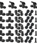 44-piece black drip irrigation fittings kit for 1/4 in tubing; 4 shut-off valves, tees, elbows, couplings, end plugs.