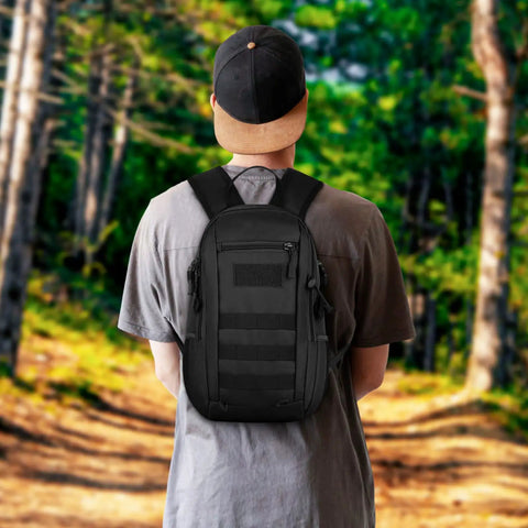 10L Tactical Backpack Small Daypack With MOLLE Rucksack Gear For Hunting Camping Trekking Black Compact EDC Bag on person in forest