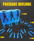 12-Piece Snap Ring Pliers Set For Internal And External Retaining Rings, Pro-Grade Heavy-Duty Convertible Pliers With Four Tip Sizes (0.038, 0.047, 0.070, 0.090 In), One-Button Quick Swap For Auto Repair, Machinery, And DIY Projects displayed with blue case and assorted pliers.