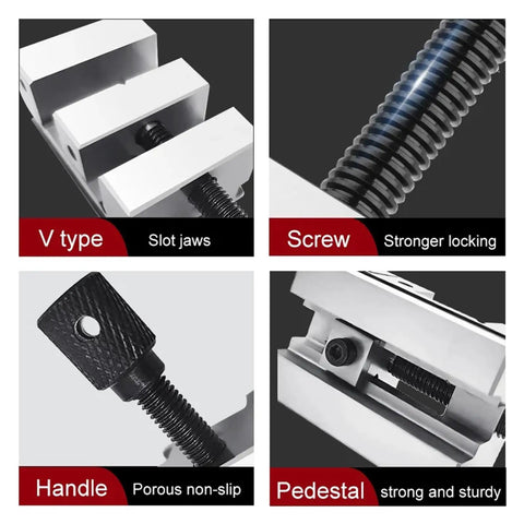 Close-up of right angle vise grinder tongs with V type jaws and screw mechanism, heavy duty clamp for EDM machines, industrial grade lathe accessories.