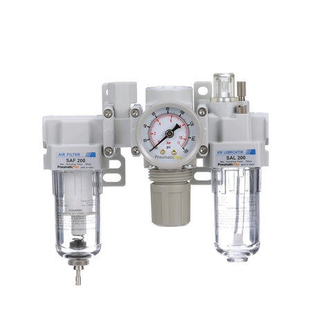 Dual Air System One Quarter Inch NPT With Air Filter Regulator Lubricator 0 To 150 Psi Gauge front view