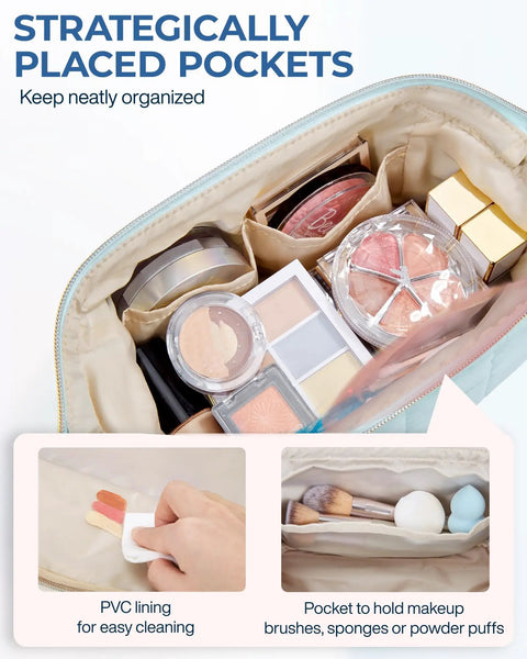 Puffy Padded Makeup Bag For Women With Wide Opening Travel Toiletry Organizer Case Light Blue Cosmetic Pouch for brushes and essentials