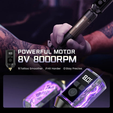 Wireless Rotary Tattoo Starter Kit For Beginners With Dual 1800mAh Batteries, showing tattoo pen with 8V 8000RPM motor