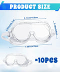 Ten Pack Anti Fog Lab Goggles Over Glasses Safety Eyewear with Soft Silicone Lenses, shown with size dimensions
