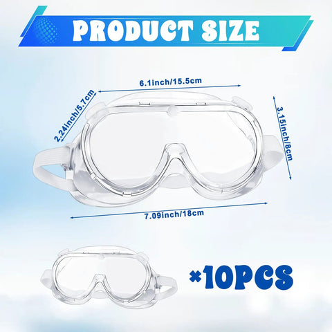 Ten Pack Anti Fog Lab Goggles Over Glasses Safety Eyewear with Soft Silicone Lenses, shown with size dimensions