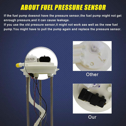 Comparison of fuel pressure sensors with text explaining sensor differences in Electric Fuel Pump Module Assembly For Chevy S10 GMC Sonoma Isuzu Hombre 2.2L L4 In Tank Direct OE Replacement Fits 1997 1998 1999 2000 Replaces E3943M