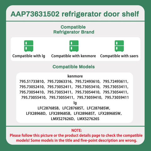 Refrigerator model compatibility chart for Right Door Refrigerator Shelf Basket Bin Assembly Replacement Part For LG Kenmore Sears Models.