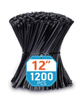Heavy Duty Zip Ties 12 Inch 1200 Pack Black UV Resistant Cable Ties For Indoor And Outdoor Use 50 Lb Tensile Strength Weatherproof Durable Fastening Solution, bulk package displayed.