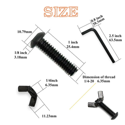 Black One Quarter Twenty Thread Wing Nut And Button Head Socket Cap Screw Kit With Hex Key dimensions diagram