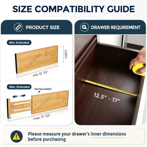 High Grade Bamboo Drawer Dividers 6 Pack, Adjustable Space Savers From 12 To 17 Inches, Wooden Dresser Organizers With Soft Foam Ends, Quick Glow Up For Your Closet Stash, Baby Clothes And Nursery Organization