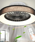 Remote LED Ceiling Fan With 30W Power, 18 Inch Small Flush Mount, black and white design, with remote control in foreground