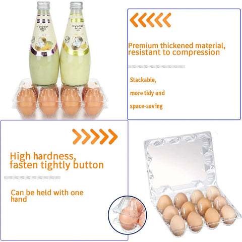 12 Count Clear Plastic Egg Cartons Bulk Pack with Sturdy Snap Lids displayed with eggs and bottles in tray