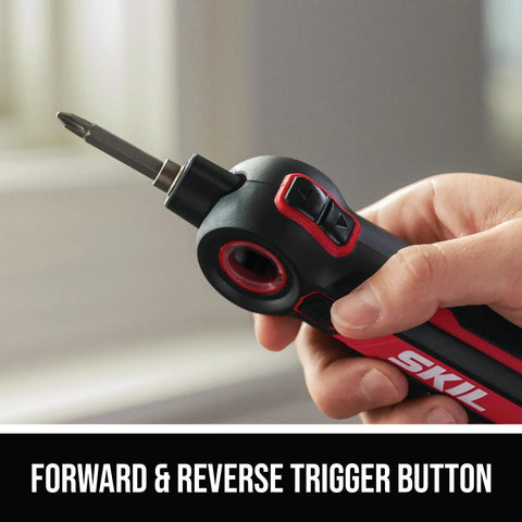 Hand holding Rechargeable 4V Screwdriver With Pivoting Head For Tight Spaces, showing easy forward and reverse trigger button