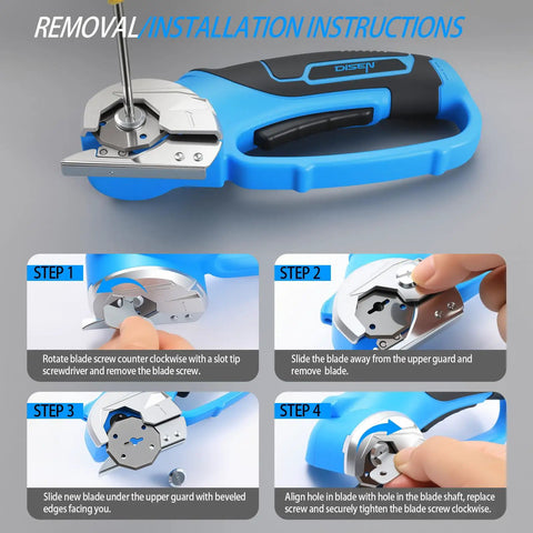 DISEN Cordless Electric Scissors With 3000Mah Lithium Battery shown with installation instructions for replacing blades.