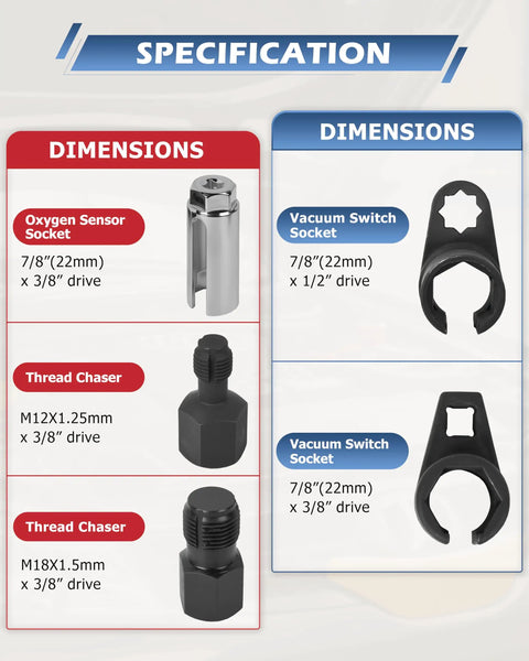 Dimensions and specifications of Five Piece Oxygen Sensor Socket Set With Universal 6 Point 22mm Openings and Thread Chaser