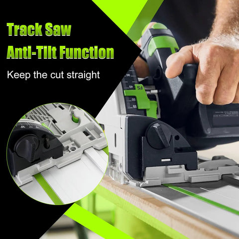 Close-up of ultra precision 110 inch track saw guide rail with locking connector, showcasing anti-tilt feature for seamless straight cuts.