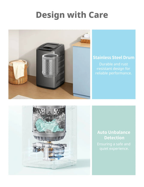 Comfee portable washing machine, dark gray compact washer with LED display in laundry area
