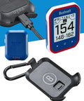 Slope Golf GPS Rangefinder With Touchscreen UI, charger, cover, and BITE Magnetic Mount displayed on a blue background.