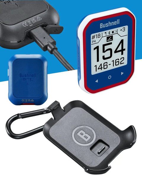 Phantom 3 Handheld Slope GPS Golf Rangefinder With Touchscreen Display Auto Course And Hole Recognition Auto Score Prompts Course Updates Belt Clip And Carabiner Blue showing accessories