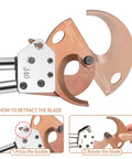 Close-up of the rugged jaw and retraction button on Beefed Up Heavy Duty Ratchet Cable Cutters For Copper And Aluminum Wires Up To 300mm2